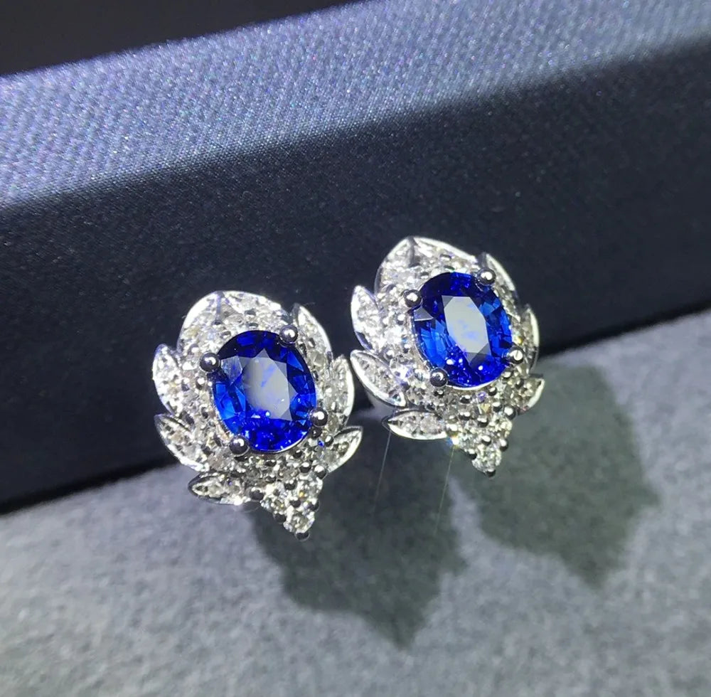 Earrings 18K Gold 0.9ct Royal Blue Sapphire Gemstones Stud Female