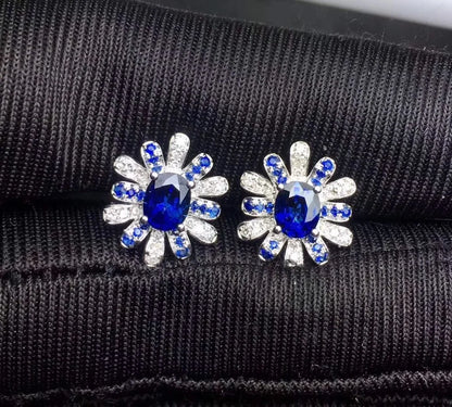 Earrings 18K Gold 1.1ct Royal Blue Sapphire Gemstones Stud Female's