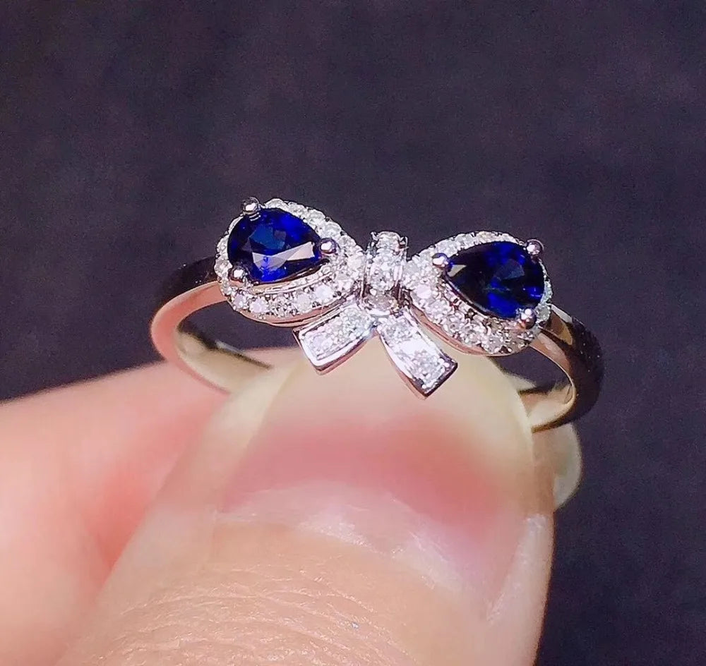 Ring 18K Gold 0.42ct Blue Sapphire Gemstone Diamonds Female Fine