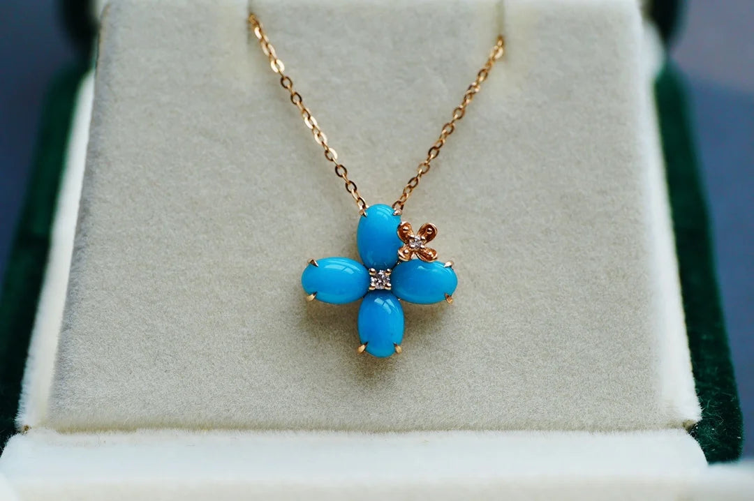 Pendant 18K Gold Blue Turquoise Gemstone Diamond Necklace for Women