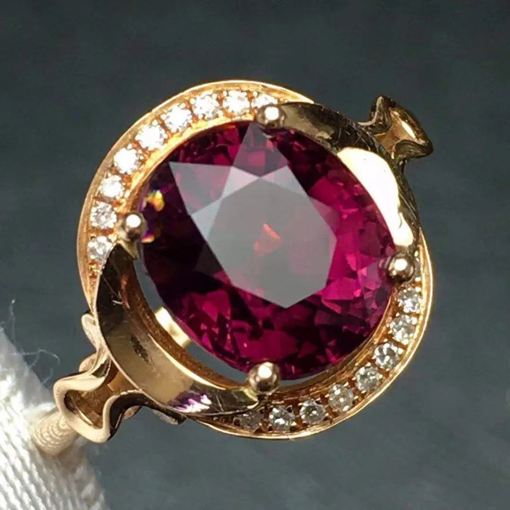 Ring 18K Gold 3.3ct Red Tourmaline Gemstones Diamonds Female Fine