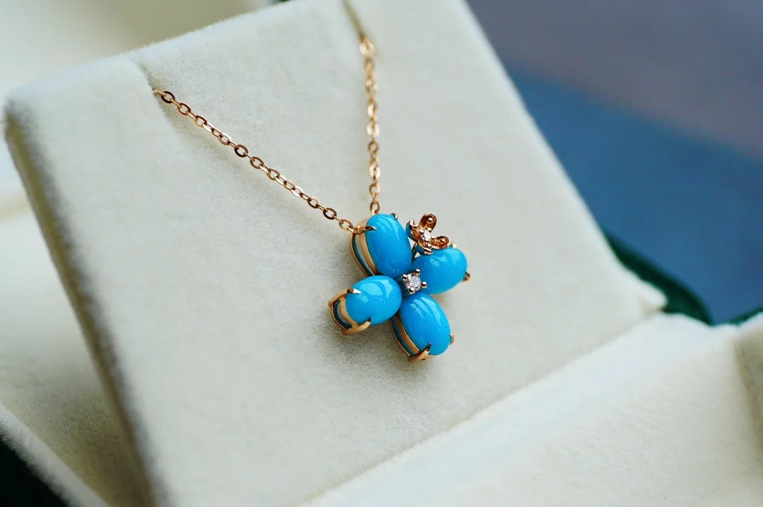 Pendant 18K Gold Blue Turquoise Gemstone Diamond Necklace for Women