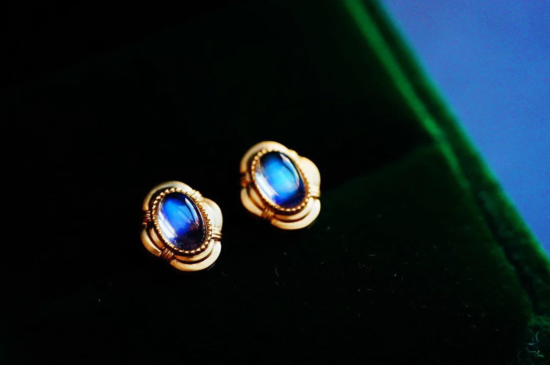 Earrings 18K Gold 6.58mm Moonstone Stud Gemstones Female's Fine Gift