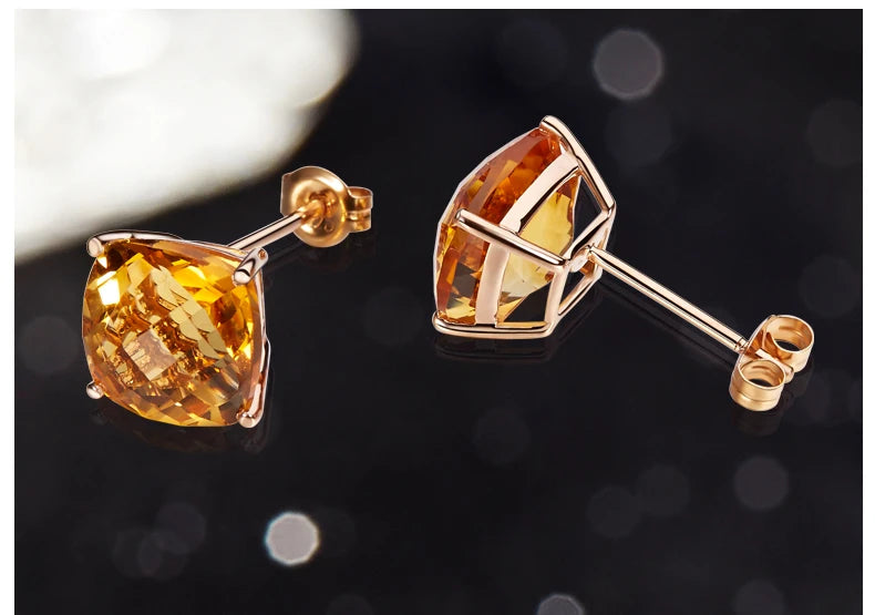 Earrings 18K Gold Citrine 7*7mm Gemstones Female's Fine Gift