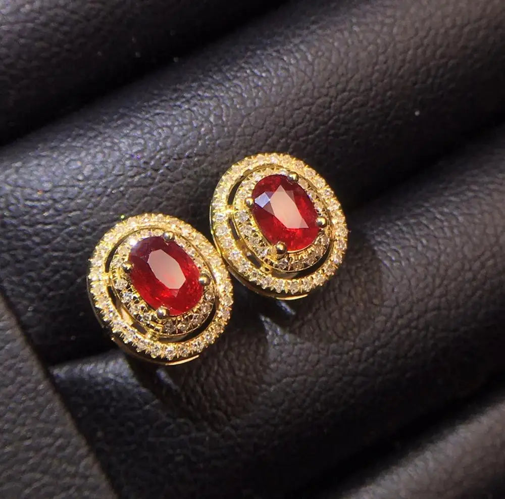 Earrings 18K Gold 0.75ct Red Ruby Gemstones Stud Female's Fine Gift