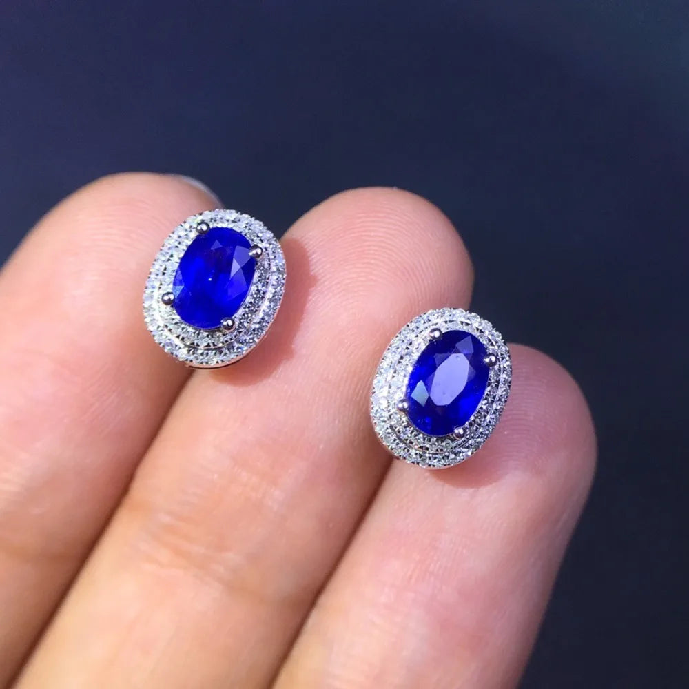 Earrings 18K Gold 1.3ct Blue Sapphire Diamonds Stud Female's Fine