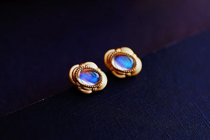 Earrings 18K Gold 6.58mm Moonstone Stud Gemstones Female's Fine Gift