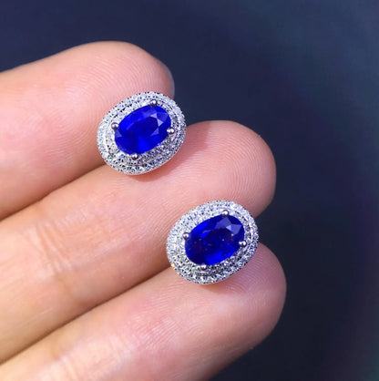 Earrings 18K Gold 1.3ct Blue Sapphire Diamonds Stud Female's Fine