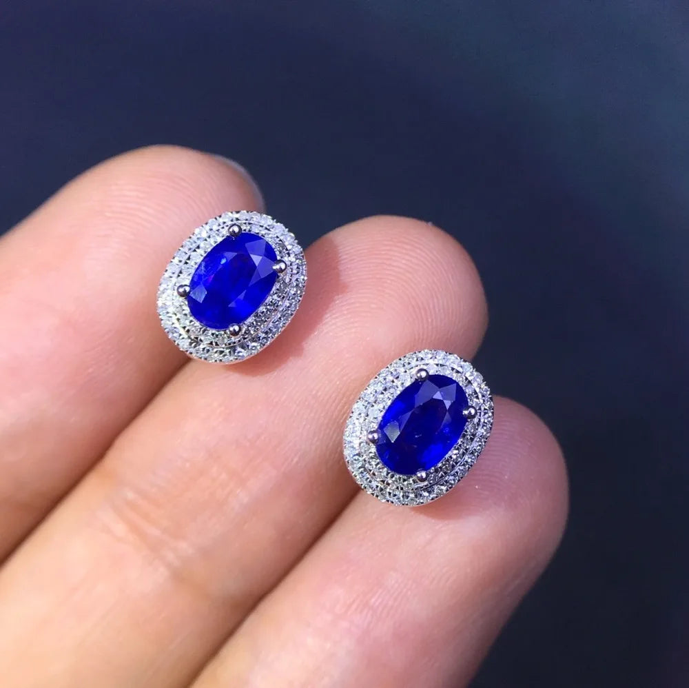 Earrings 18K Gold 1.3ct Blue Sapphire Diamonds Stud Female's Fine