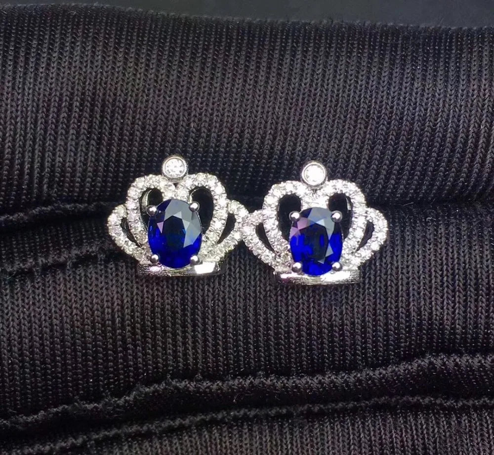 Earrings 18K Gold 1.1ct Royal Blue Sapphire Gemstones Stud Female