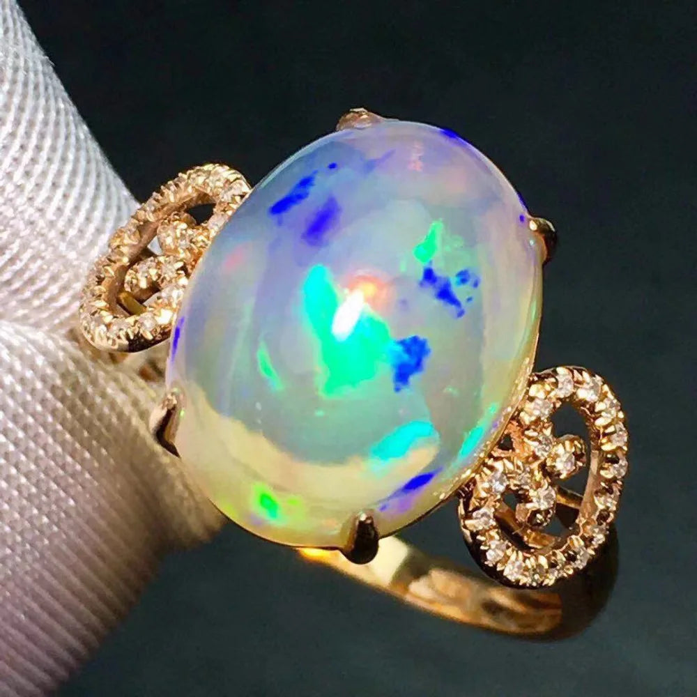 Ring 18K Gold 5.2ct Opal Gemstone Diamonds Female's Fine