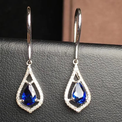 Earrings 18K Gold 1.22ct Royal Blue Sapphire Drop Female's Fine