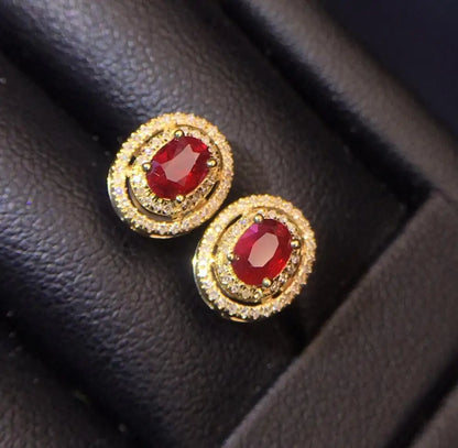 Earrings 18K Gold 0.75ct Red Ruby Gemstones Stud Female's Fine Gift