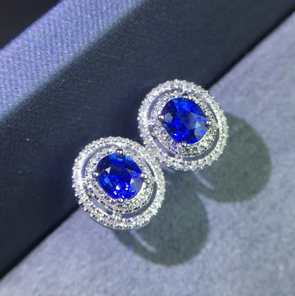 Earrings 18K Gold 0.9ct Royal Blue Sapphire Gemstones Stud Female