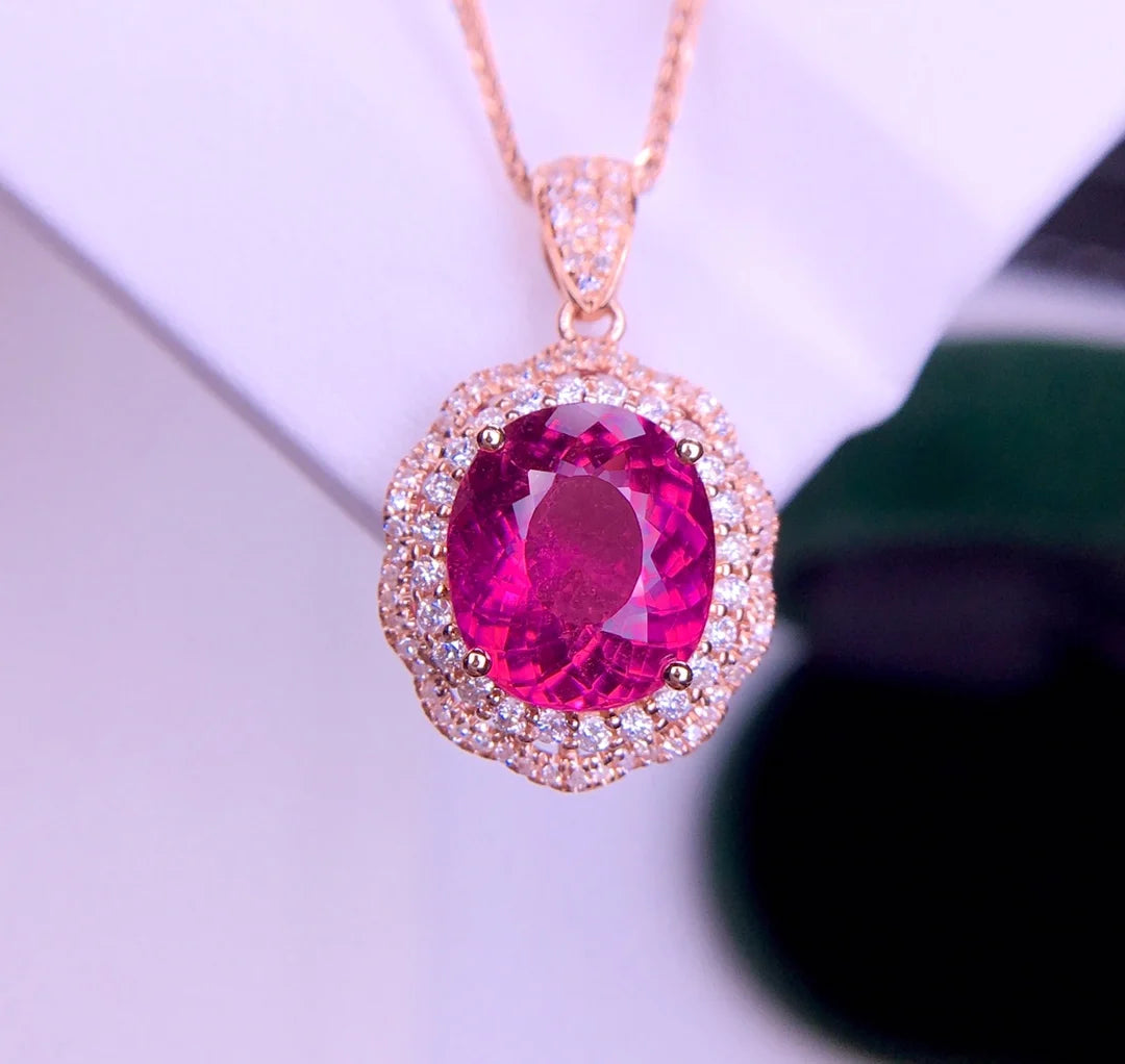 Pendant 18K Gold 2.95ct Red Tourmaline Gemstones Diamond Necklace