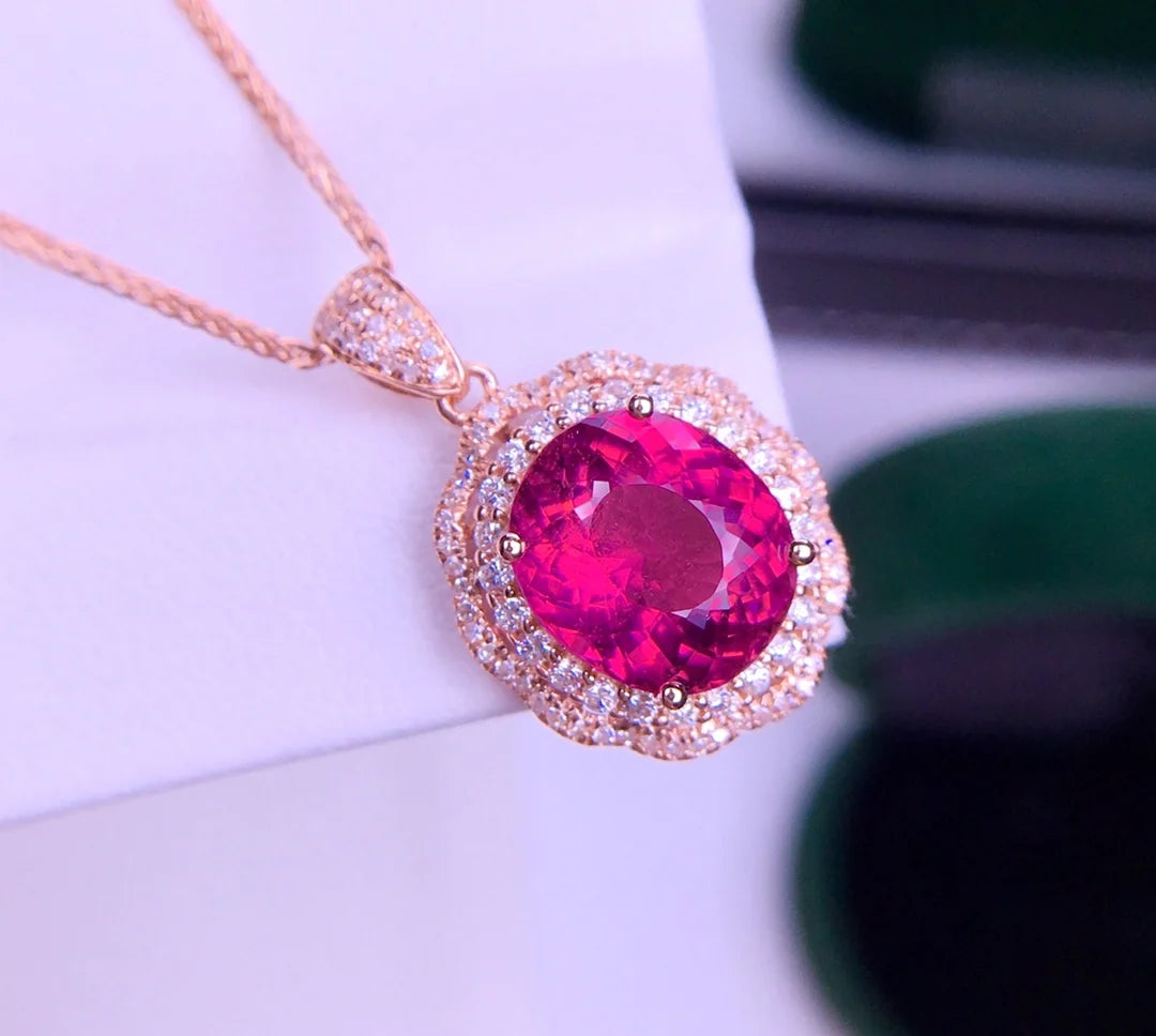 Pendant 18K Gold 2.95ct Red Tourmaline Gemstones Diamond Necklace