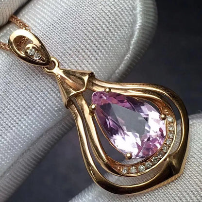 Pendant 18K Rose Gold 3.4ct Kunzite Gemstone Diamond Necklace for Women