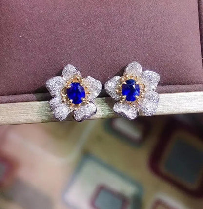 Earrings 18K Gold 0.8ct Royal Blue Sapphire Gemstones Stud Female's