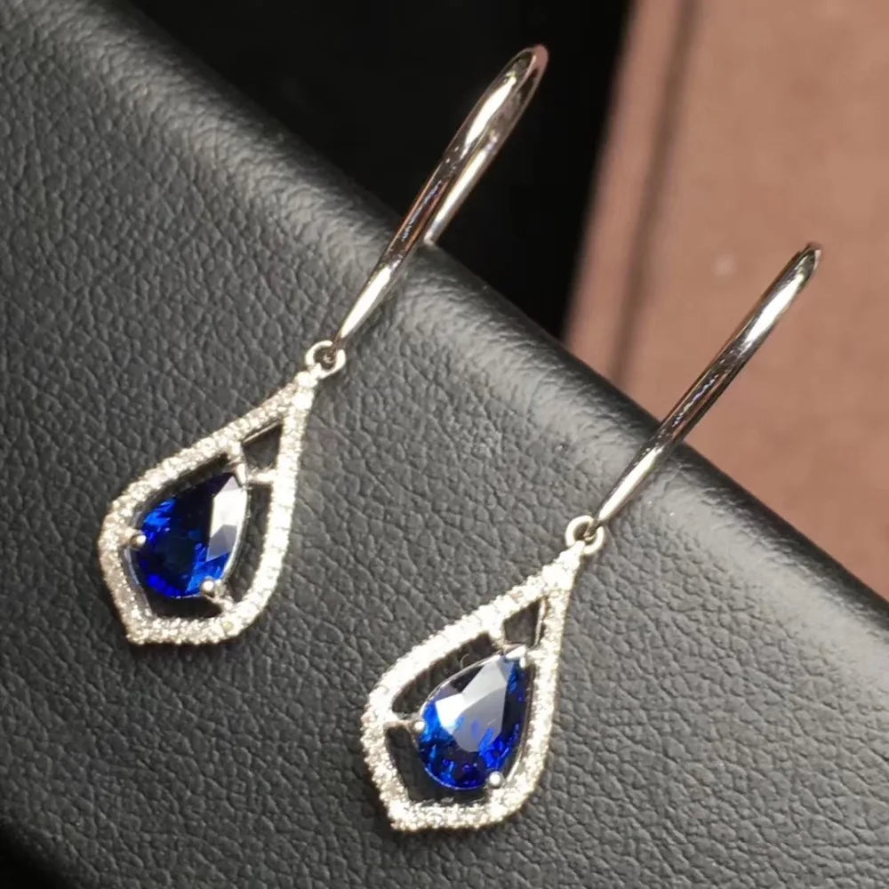 Earrings 18K Gold 1.22ct Royal Blue Sapphire Drop Female's Fine