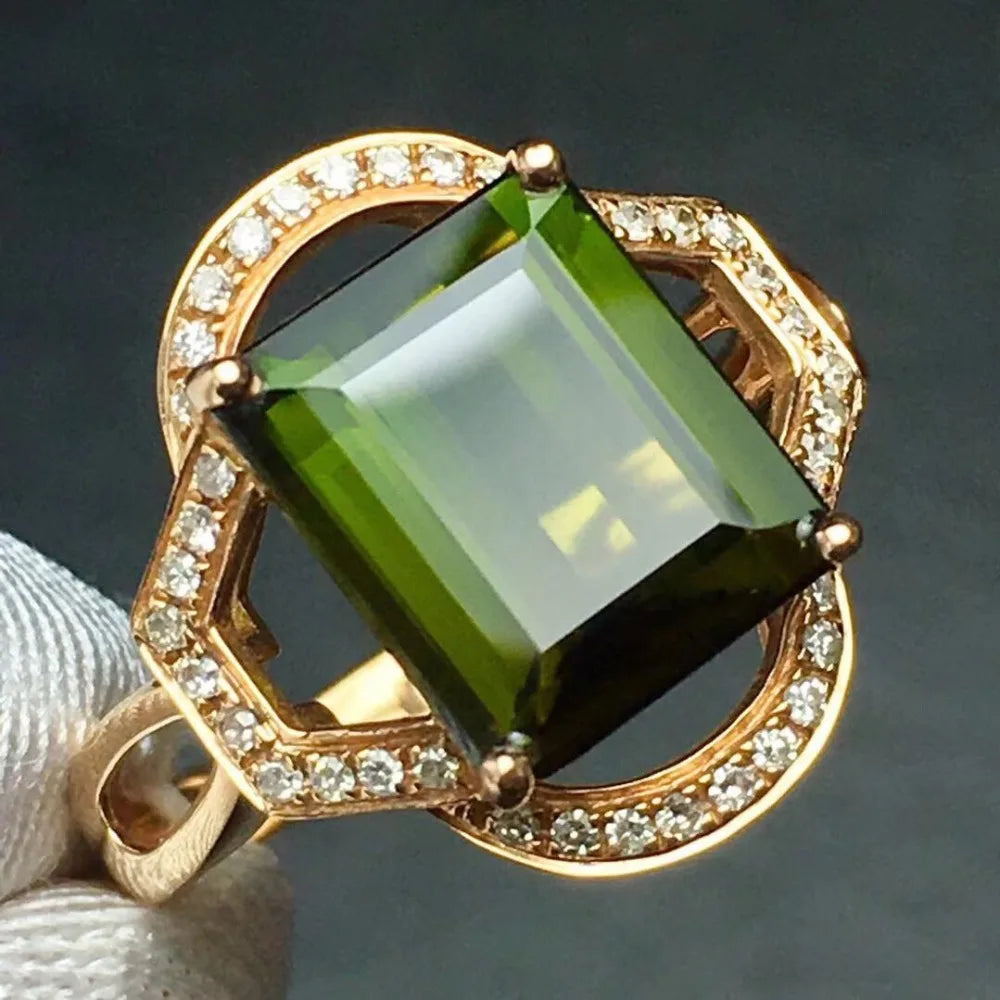 Ring 18K Gold 4.2ct Green Tourmaline Gemstone Diamonds Men's Wedding Ring