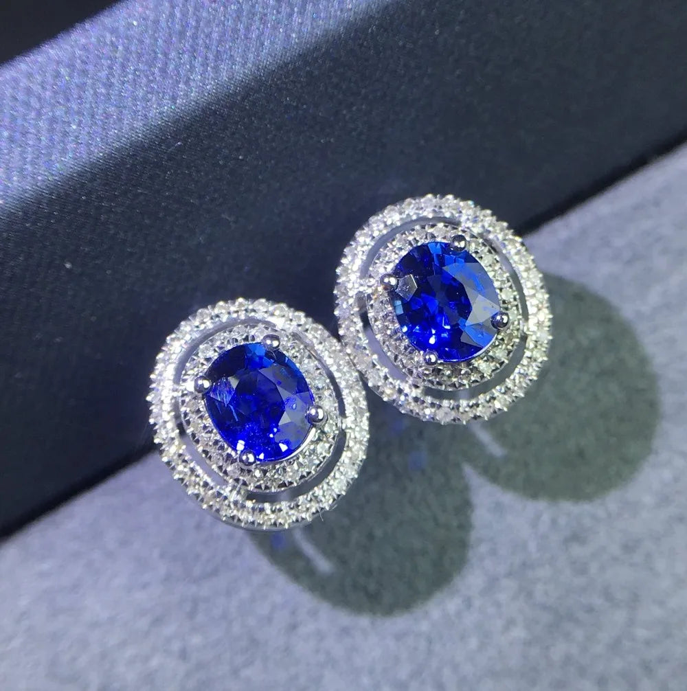 Earrings 18K Gold 0.9ct Royal Blue Sapphire Gemstones Stud Female