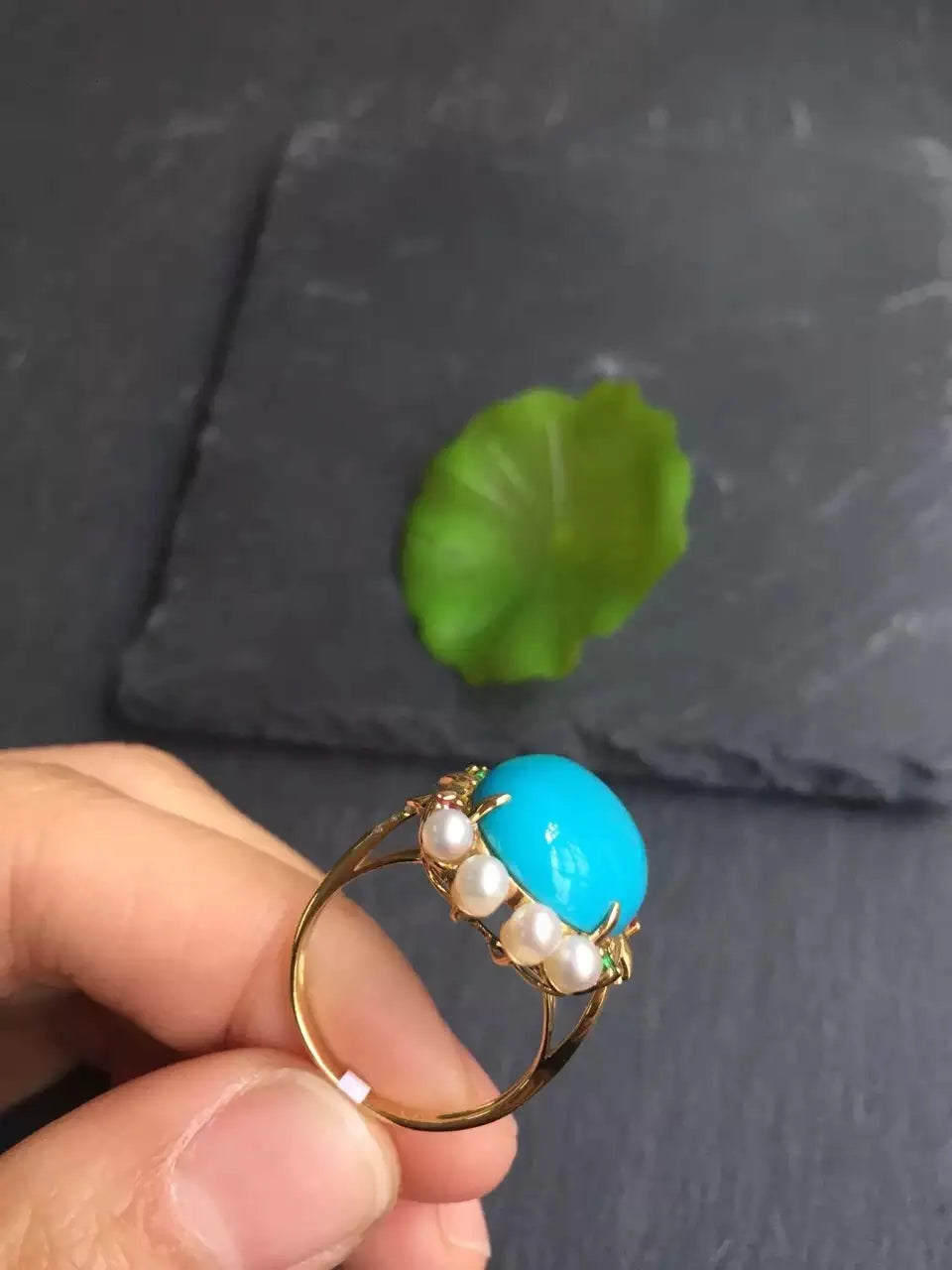 Ring 18K Rose Gold 100% Natural Turquoise Gemstones Diamonds Female Sporty