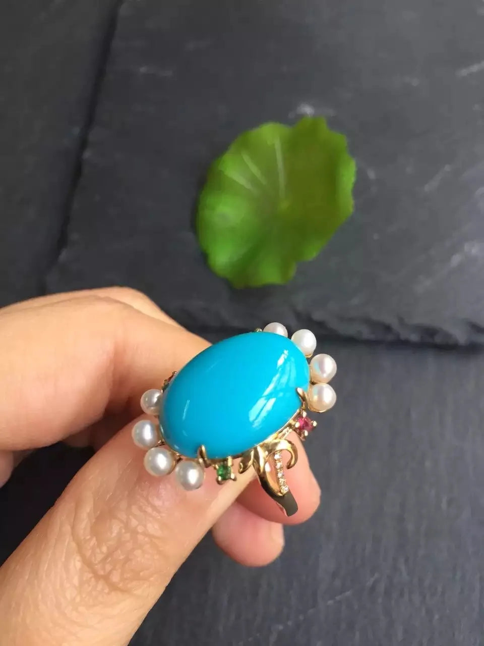 Ring 18K Rose Gold 100% Natural Turquoise Gemstones Diamonds Female Sporty