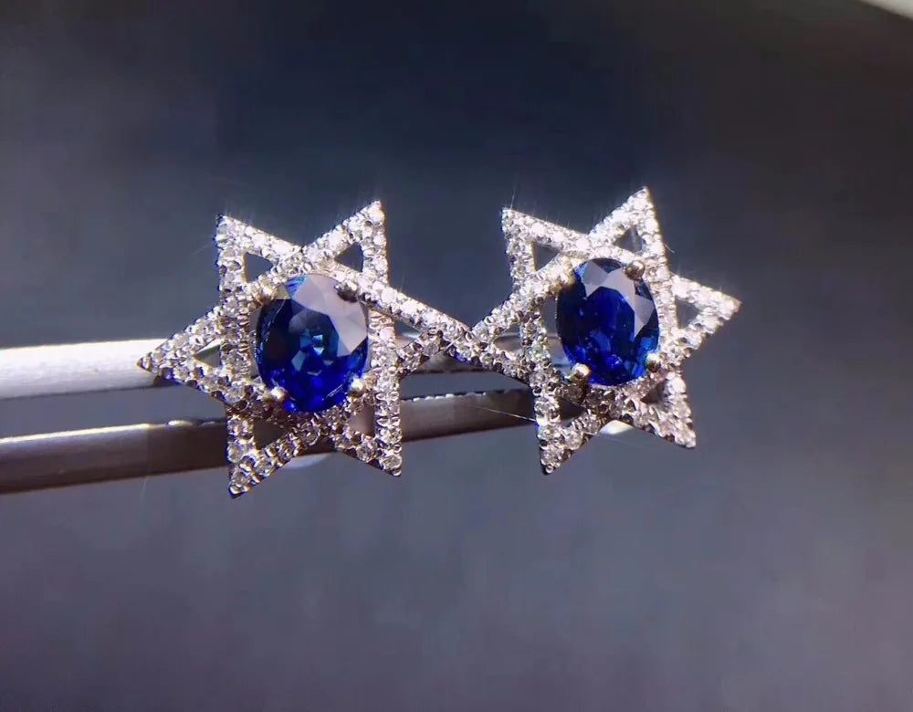 Earrings 18K White Gold 1.18ct Blue Sapphire Diamonds Female's