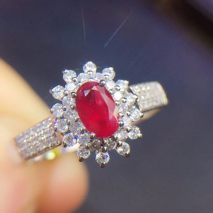 Ring 18K White Gold 0.4ct Ruby Gemstones Diamonds Female Jewelry