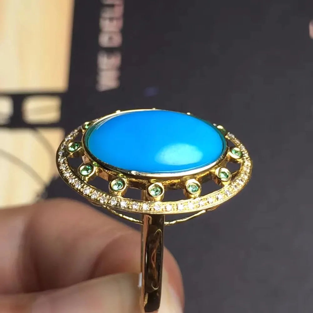 Ring 18K Rose Gold Turquoise Gemstones Diamonds Female Sporty