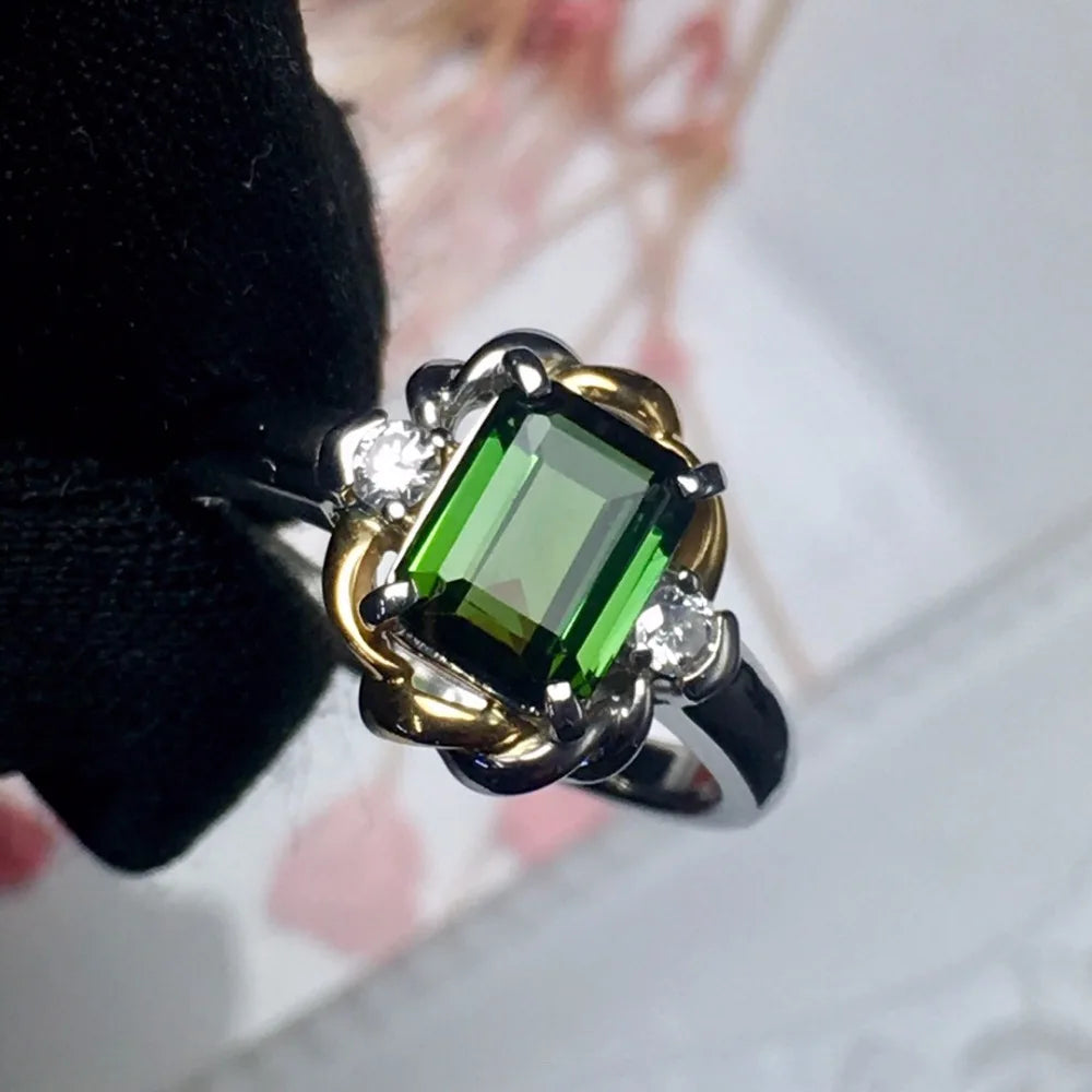 Ring Pt900 Gold 1.2ct Green Tourmaline Gemstone Diamonds Men's Wedding Ring