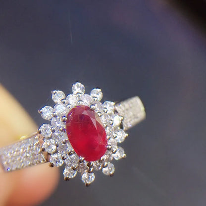 Ring 18K White Gold 0.4ct Ruby Gemstones Diamonds Female Jewelry