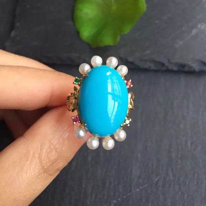 Ring 18K Rose Gold 100% Natural Turquoise Gemstones Diamonds Female Sporty