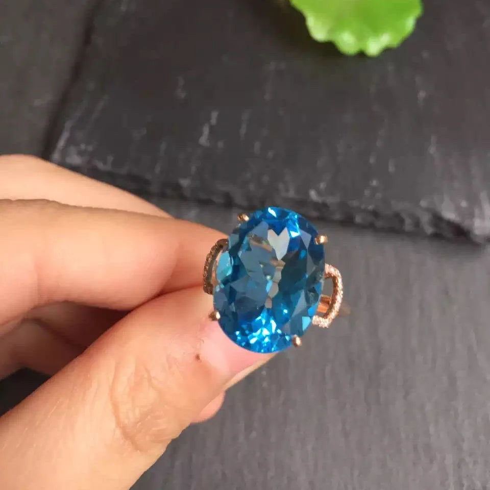 Ring 18K Rose Gold 100% Natural Blue Topaz Gemstones Female's