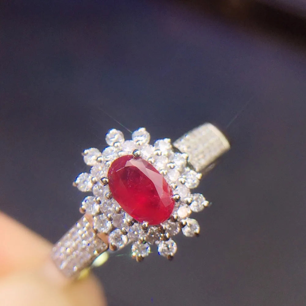 Ring 18K White Gold 0.4ct Ruby Gemstones Diamonds Female Jewelry