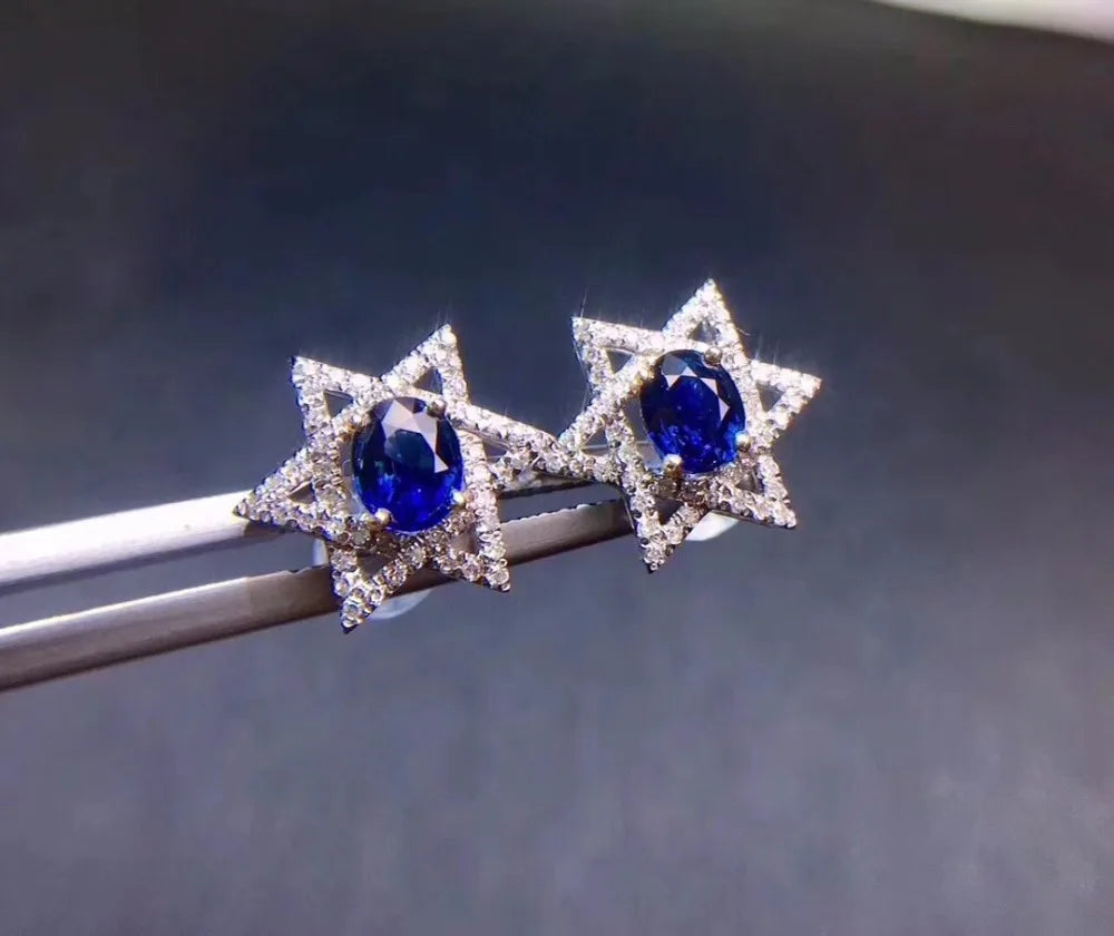 Earrings 18K White Gold 1.18ct Blue Sapphire Diamonds Female's