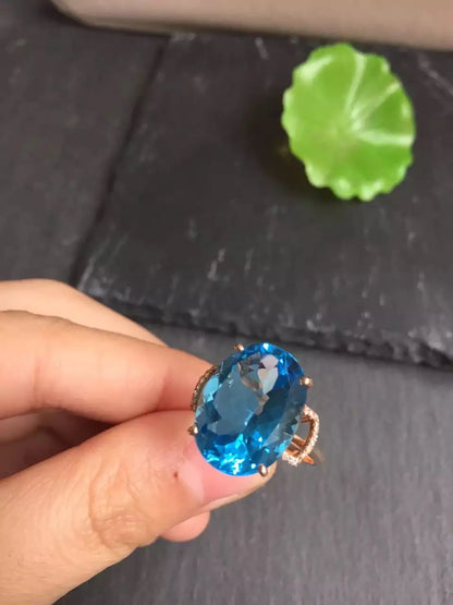 Ring 18K Rose Gold 100% Natural Blue Topaz Gemstones Female's