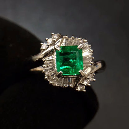 Ring Pt900 Platinum 0.895ct Emerald Diamond Colombian Origin Female's