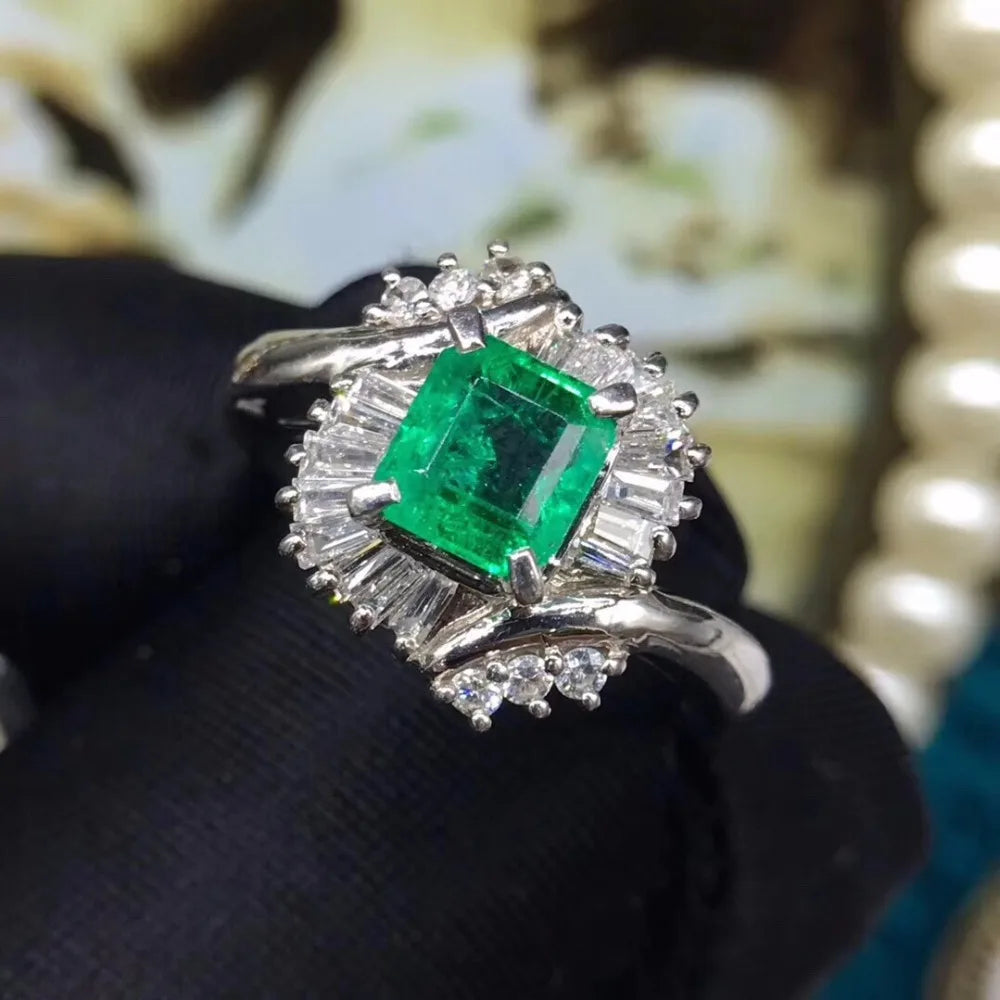 Ring Pt900 Platinum 0.895ct Emerald Diamond Colombian Origin Female's