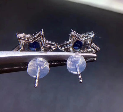 Earrings 18K White Gold 1.18ct Blue Sapphire Diamonds Female's