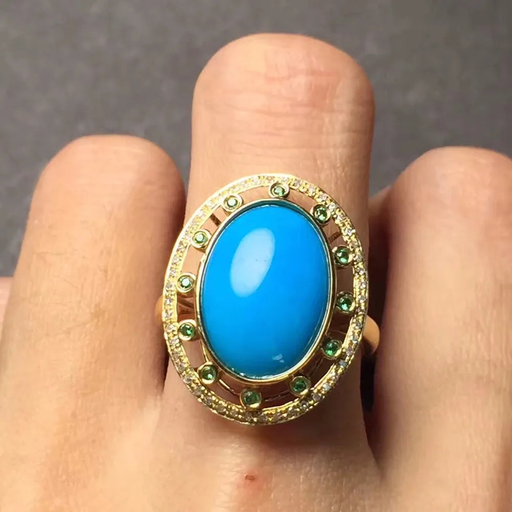 Ring 18K Rose Gold Turquoise Gemstones Diamonds Female Sporty