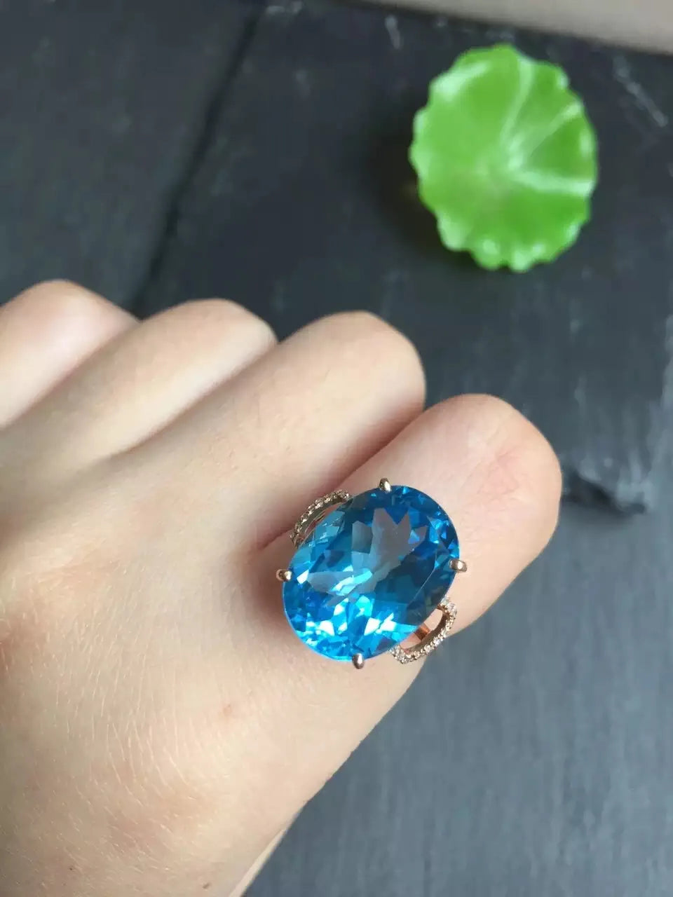 Ring 18K Rose Gold 100% Natural Blue Topaz Gemstones Female's