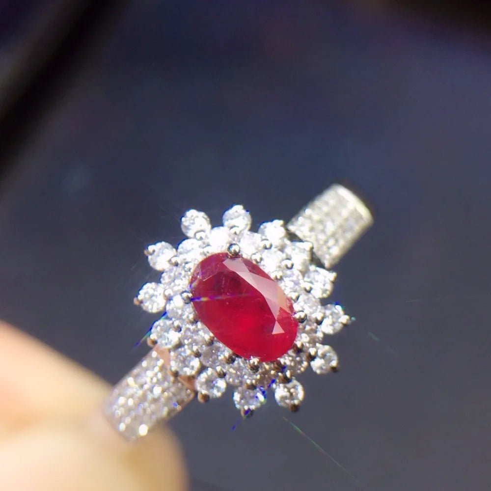 Ring 18K White Gold 0.4ct Ruby Gemstones Diamonds Female Jewelry