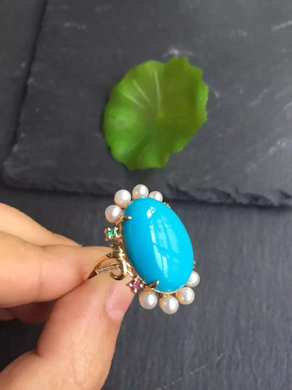 Ring 18K Rose Gold 100% Natural Turquoise Gemstones Diamonds Female Sporty