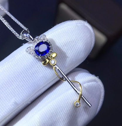 Pendant 18K White Gold 100% Natural Blue Sapphire Gemstones Necklace for Women