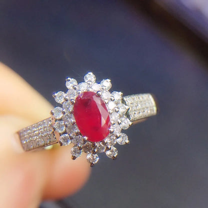 Ring 18K White Gold 0.4ct Ruby Gemstones Diamonds Female Jewelry