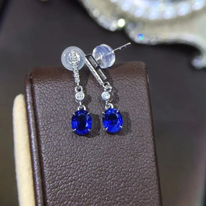 Earrings 18K White Gold 1.0ct Blue Sapphire Gemstones Drop Female's