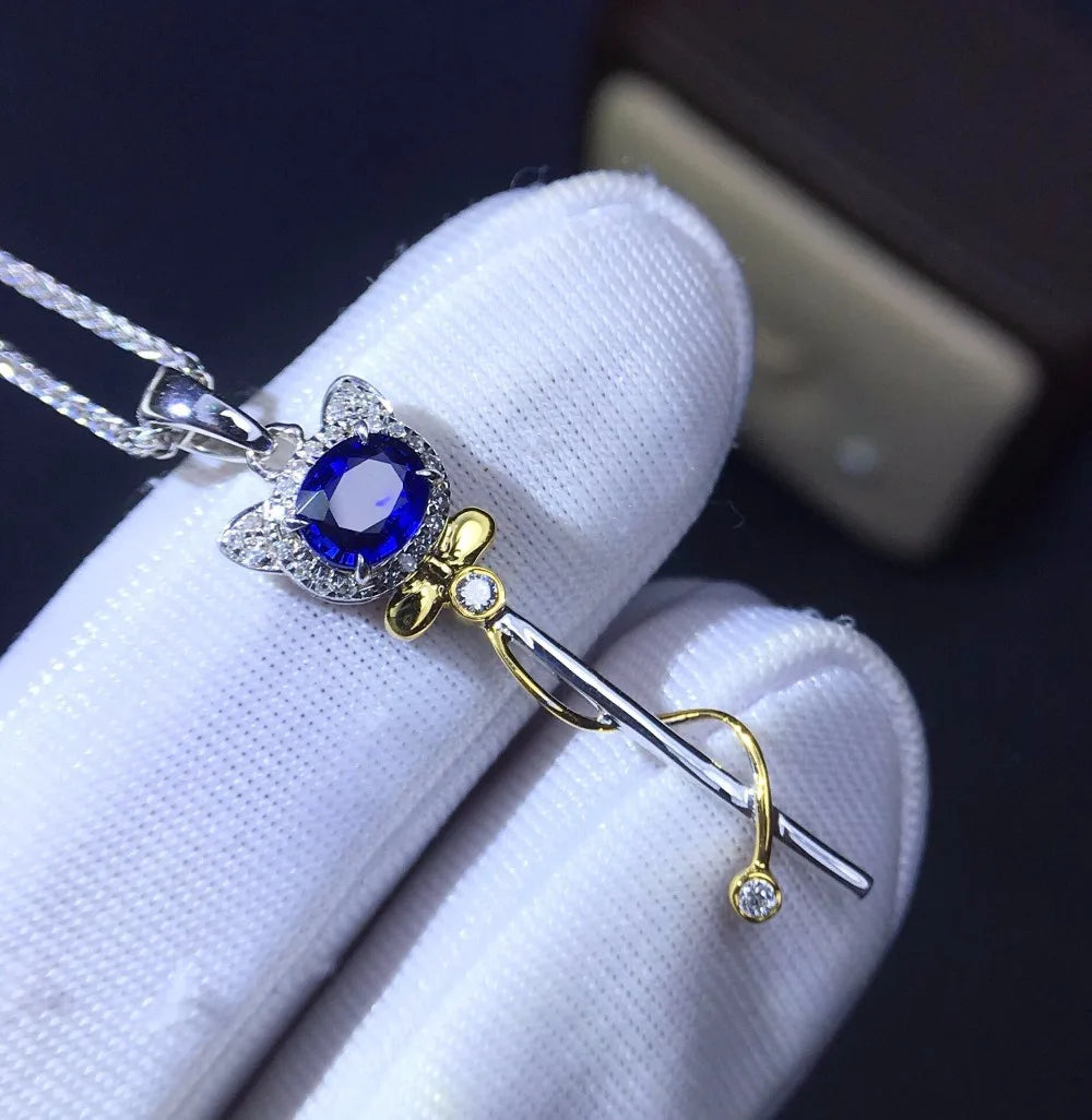 Pendant 18K White Gold 100% Natural Blue Sapphire Gemstones Necklace for Women