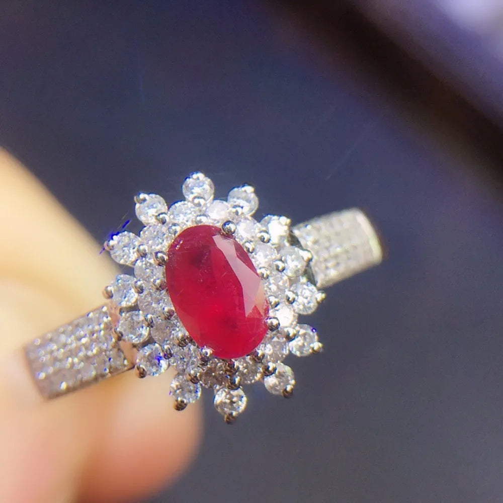 Ring 18K White Gold 0.4ct Ruby Gemstones Diamonds Female Jewelry