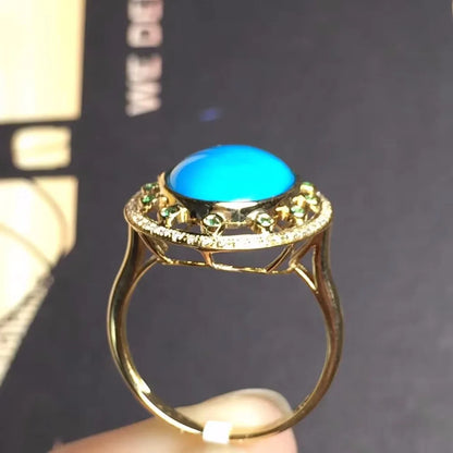 Ring 18K Rose Gold Turquoise Gemstones Diamonds Female Sporty